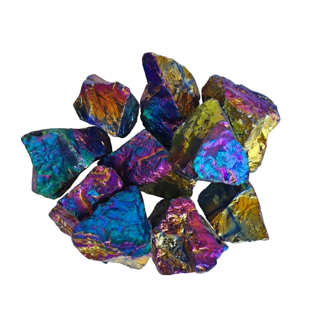 Multicolored iridescent crystals on a white background