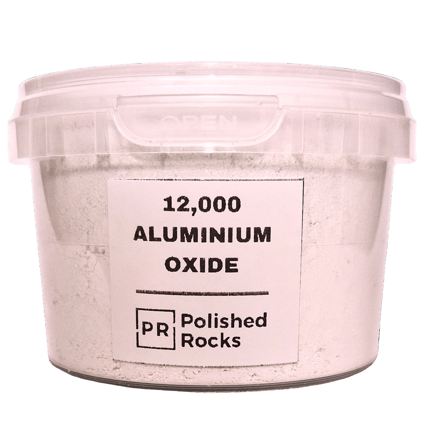 Container of 12,000 aluminium oxide with 'PR Polished Rocks' label on a white background