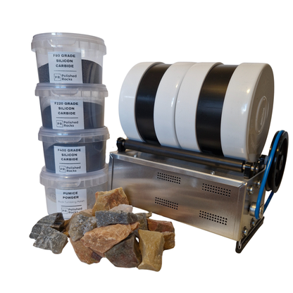 Rock Tumbling Kit - Dual Barrel Tumbler, Grit Pack & 1kg Rough Rock