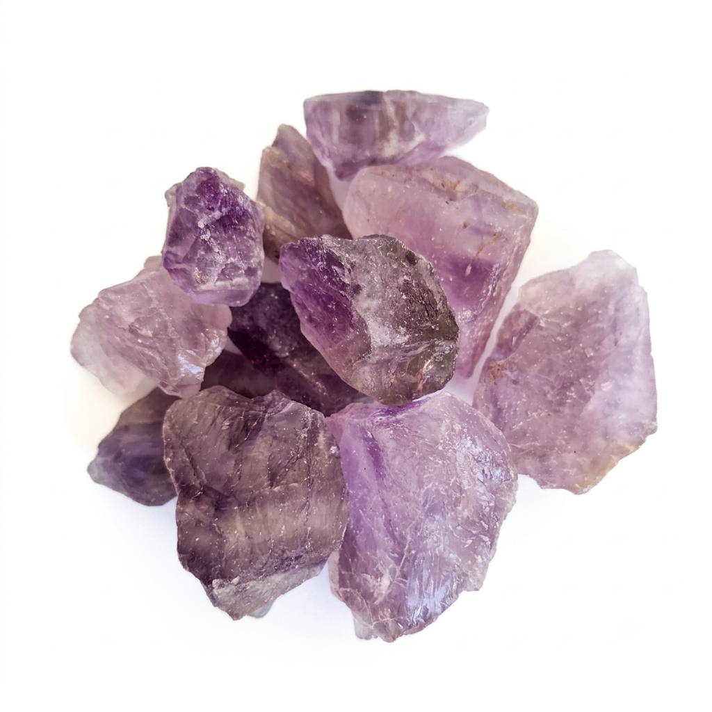A cluster of rough purple amethyst crystal stones with natural jagged edges, photographed on a clean white background.