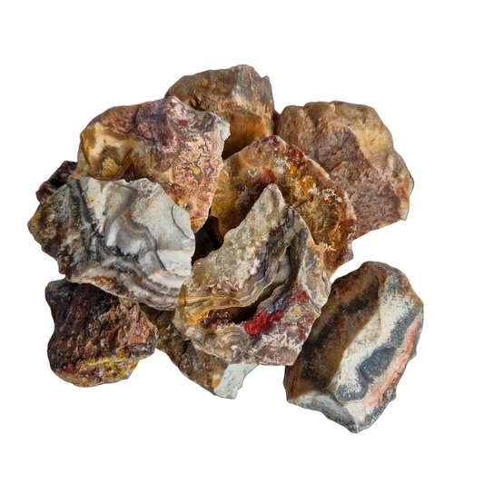 Collection of crazy lace agate on a white background