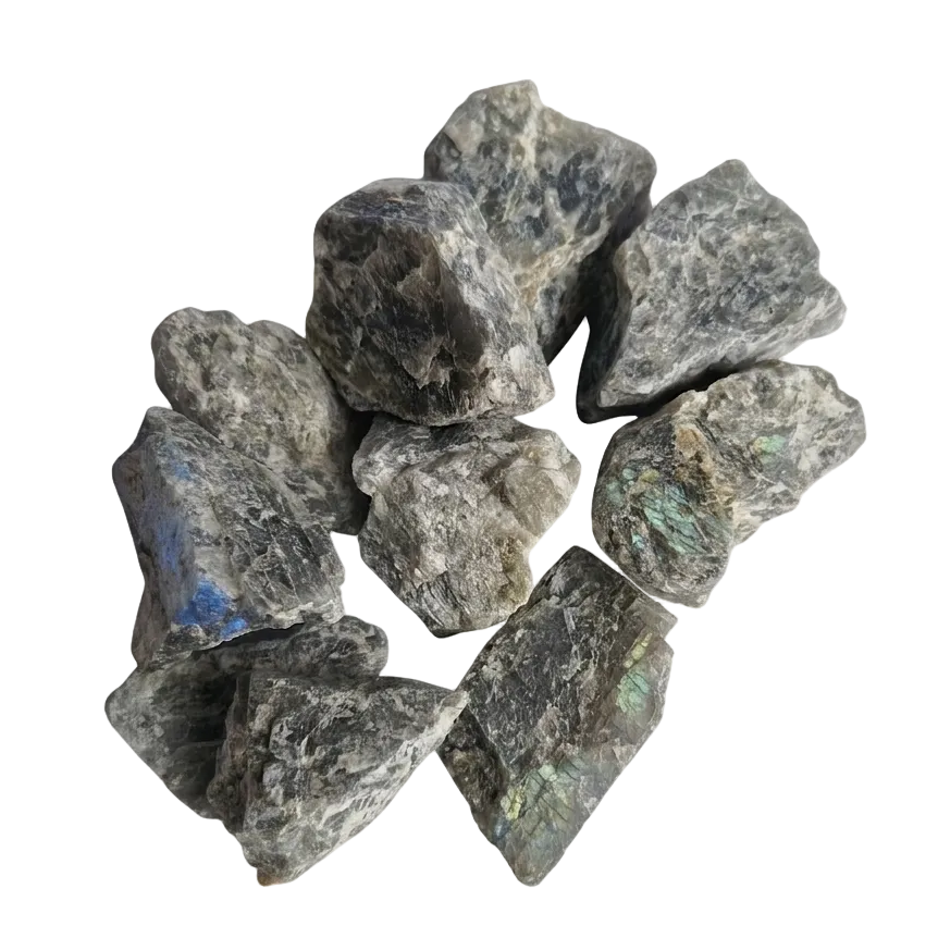 Raw labradorite stones on a white background